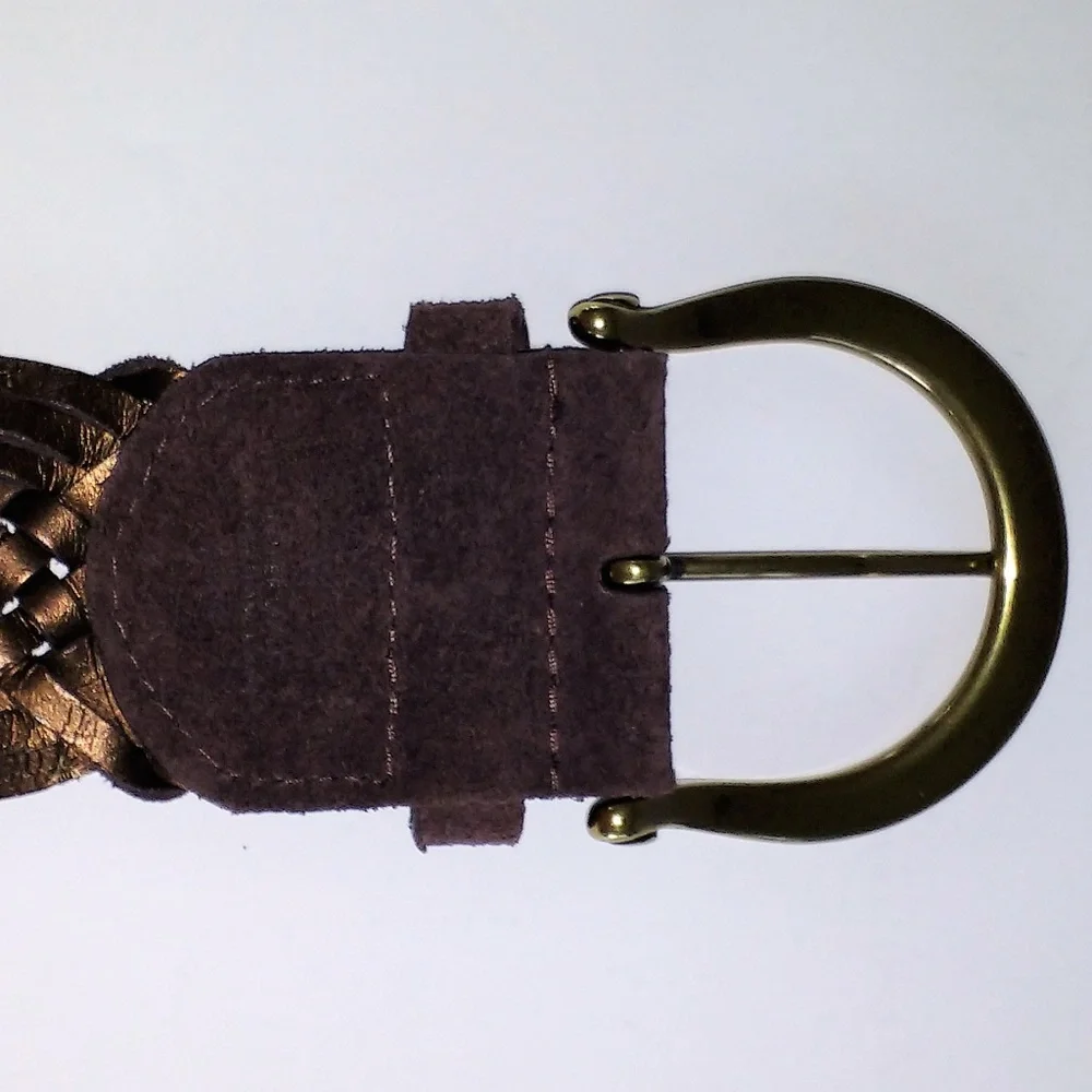 Coldwater Creek Brown Leather Braided Gold-Tone Metal Accented Wide Belt